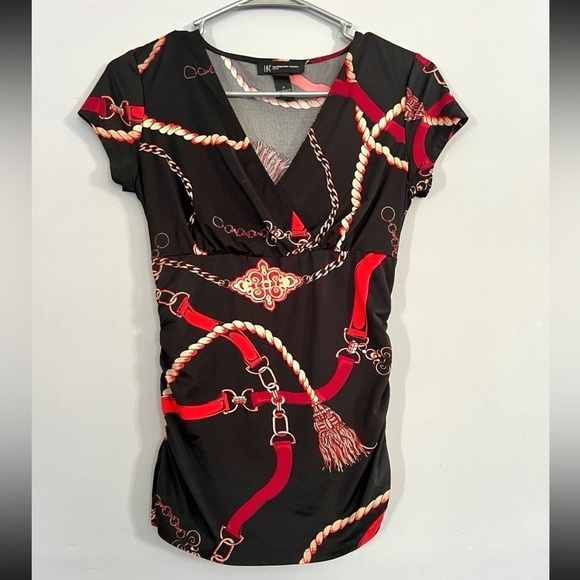 INC International Concepts - Black v-neck top with red/gold design - Picture 1 of 6